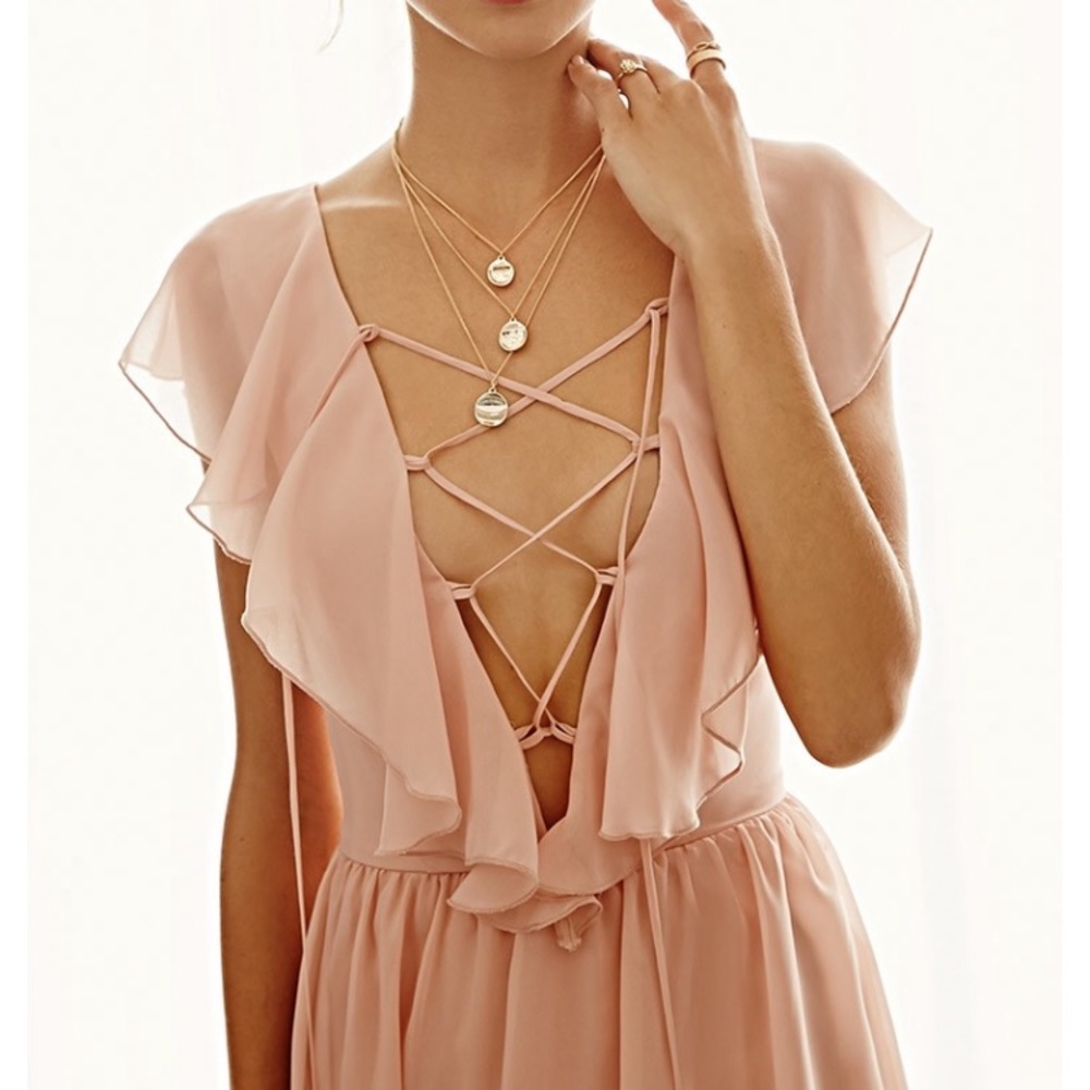 Deep V neck Pink Ruffled Chiffon Maxi Dress